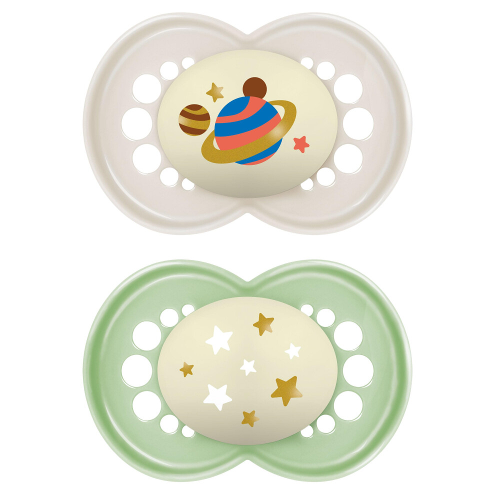 Night Astro 6+M Soother 2PK - Unisex Baby Soothers with Self Sterilising Travel Case, Newborn Essentials, Glow in The Dark (Designs May Vary)