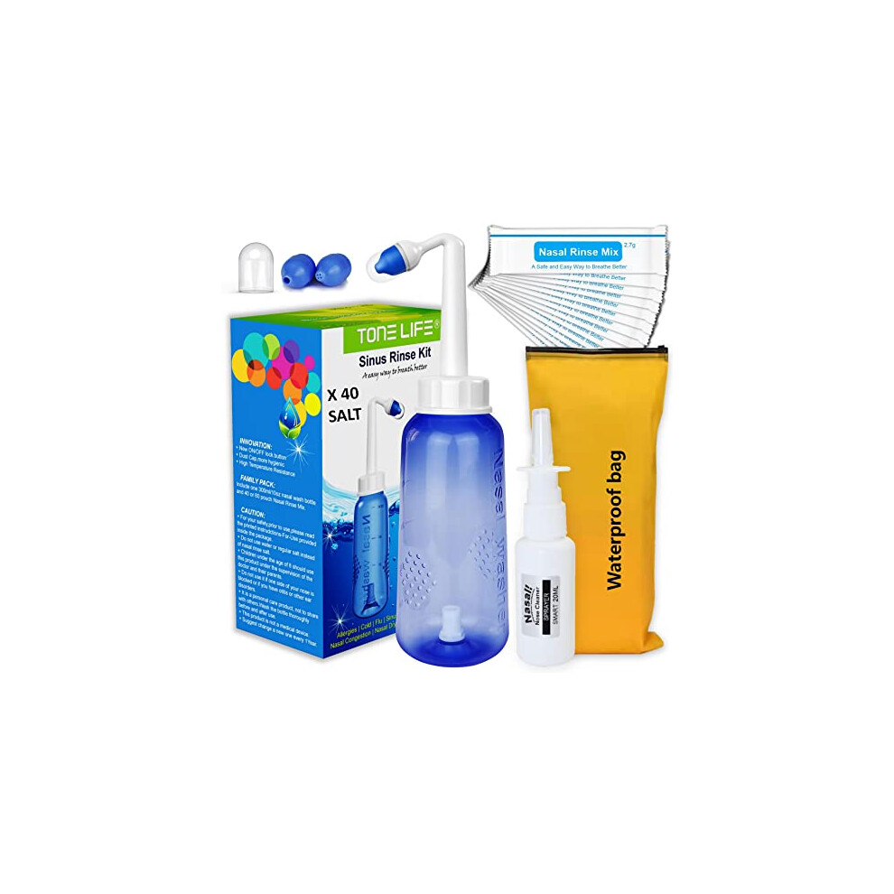 Tonelife Neti Pot,Sinus Rinse Kit + 40Packets Nasal Salt+ Moisturizing Nasal Sprayer- Neti Pot Sinus Rinse -Sinus Rinse-300Ml Nasal Rinse Kit With Sinus Rinse