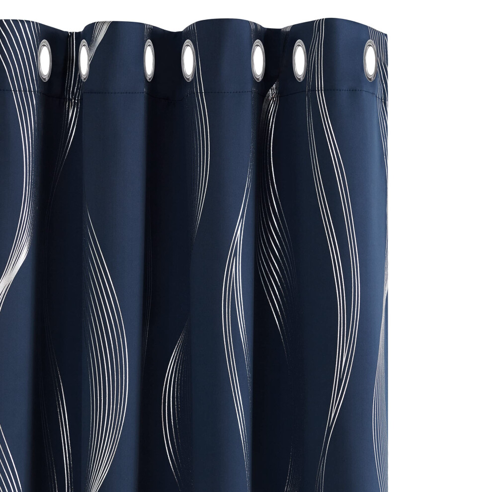 Kids Curtains 72 Drop Curtains Navy Panels Wave Line Foil Printed Thermal Insulated Blackout Curtains Window Treatment Eyelet Curtains For Children 46 Blue Deconovo