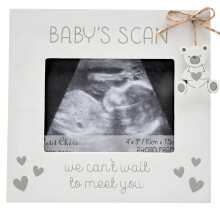 Baby Scan Frame - White with Grey Hearts & Hanging Bear Charm - 'We Can't Wait To Meet You' - 4" x 3"