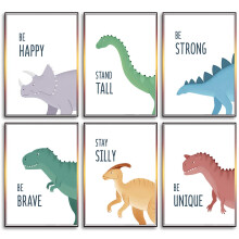 Jungle Nursery Wall Decor Art Pictures, 6 Pack Safari Dinosaur Wall Prints Cartoon Animal Wall Murals Poster with Inspirational Quotes for Baby Kids