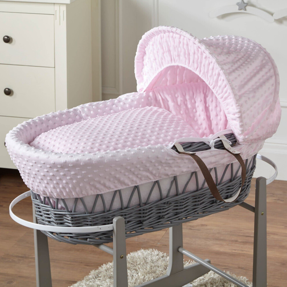 Pink Dimple Grey Wicker Baby Moses Basket With Mattress