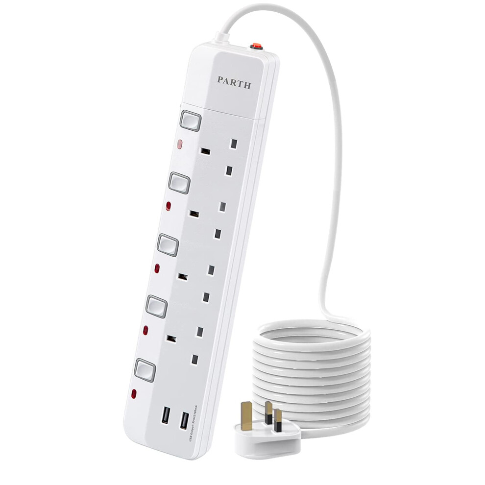 Surge Protected Extension Lead with USB Slots 5m Long Cord Extension Cable 4 Way Plug Extension UK Sockets 13A 3250w Power Extension for Dorm Home
