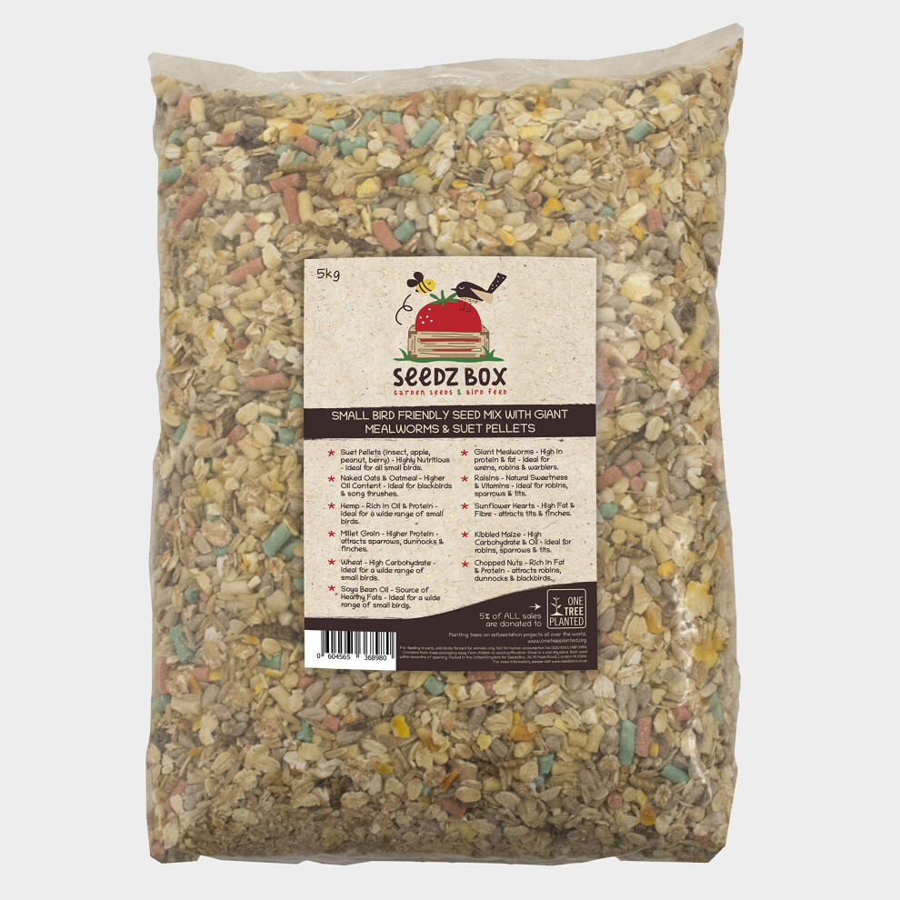 Wild Bird Food Seed Feed Mix with Suet Pellets For Small Garden Birds 5kg - SeedzBox - Deluxe Grains & Nuts, Natural Food for Wrens Robins & Finches -