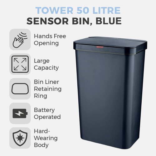 Tower T838005N Rectangular Sensor Bin with Fingerprint Proof Coated Exterior, Plastic, 50 L, Navy 1