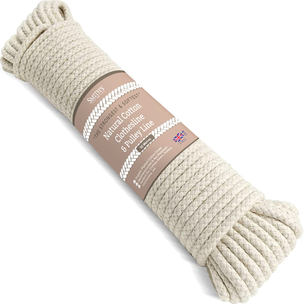 “The Strongest” Natural Cotton Clothesline Pulley by Smith's | 10m/33ft X 5.5mm | Soft Braided 130kgs Pulling Force Rope | Snag & Tear