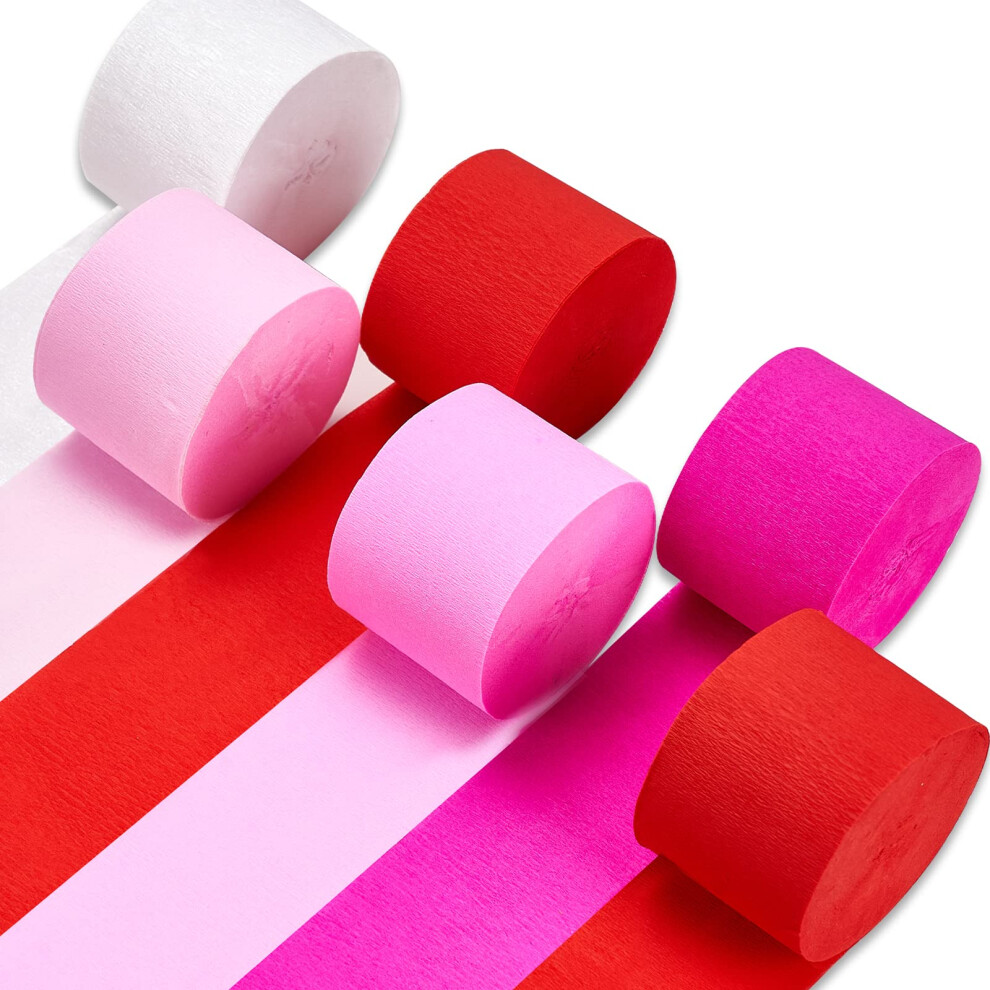 Crepe Paper Streamers 6 Rolls 492ft, Pack of Red, Pink, Hot Pink, Dark Pink, White Crepe Paper for Birthday Decorations, Party Decorations, Valentines