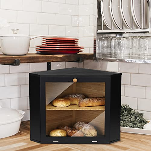 Corner Bread Bin Bamboo Two-Layer Bread Box for Kitchen Corner fit 12.6"x12.6"x13.4" Black 2