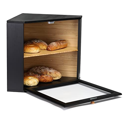 Corner Bread Bin Bamboo Two-Layer Bread Box for Kitchen Corner fit 12.6"x12.6"x13.4" Black 1