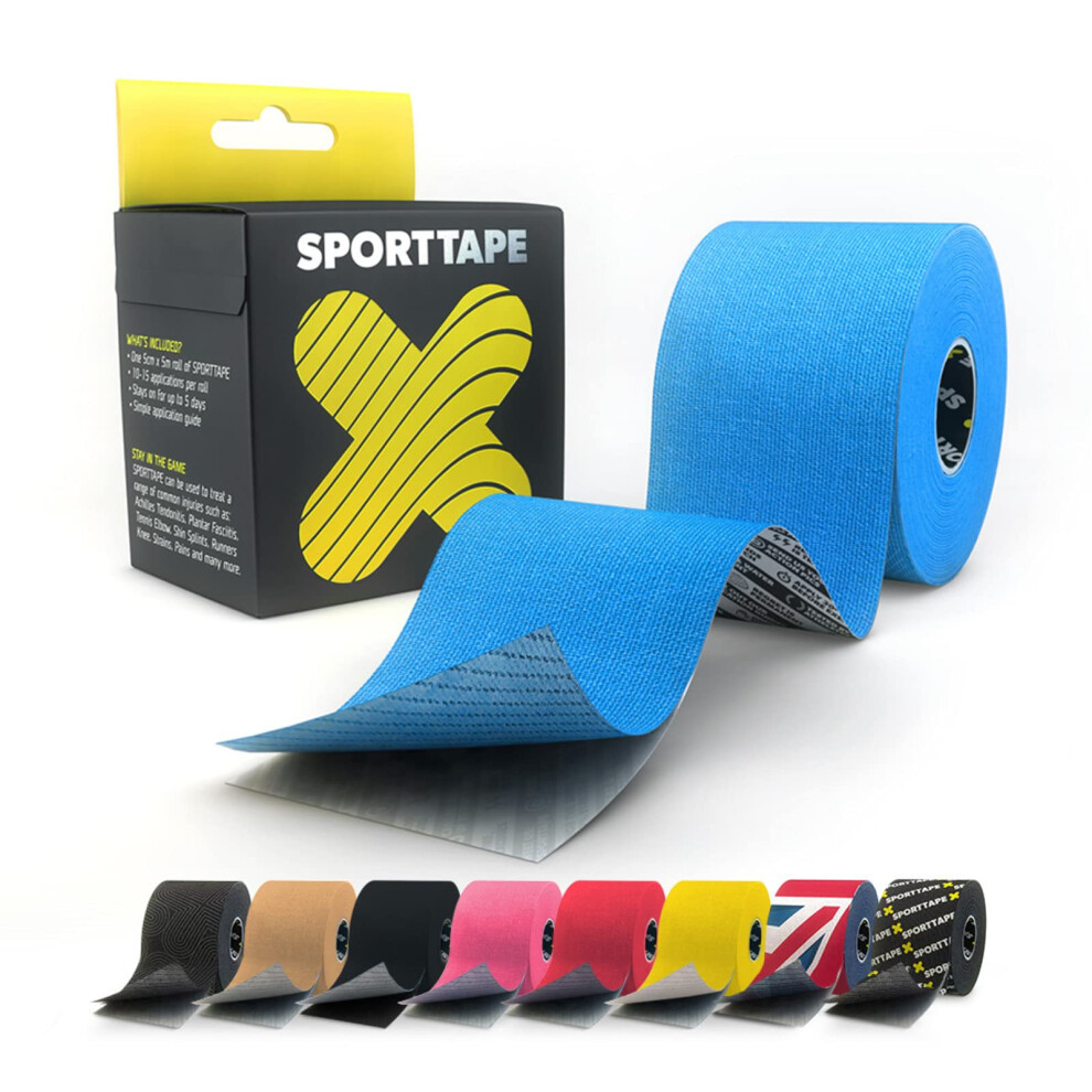 Sporttape Extra Sticky Kinesiology Tape, 5Cm X 5M - | Hypoallergenic, Waterproof K Tape | Physio, Medical Sports Tape For Muscle Injury, Support | Uncut Blue
