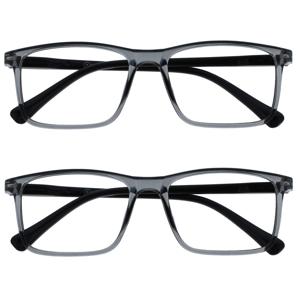 Opulize Ink 2 Pack Reading Glasses Large Transparent Grey Mens Womens Spring Hinges Rr4-7 +1.00