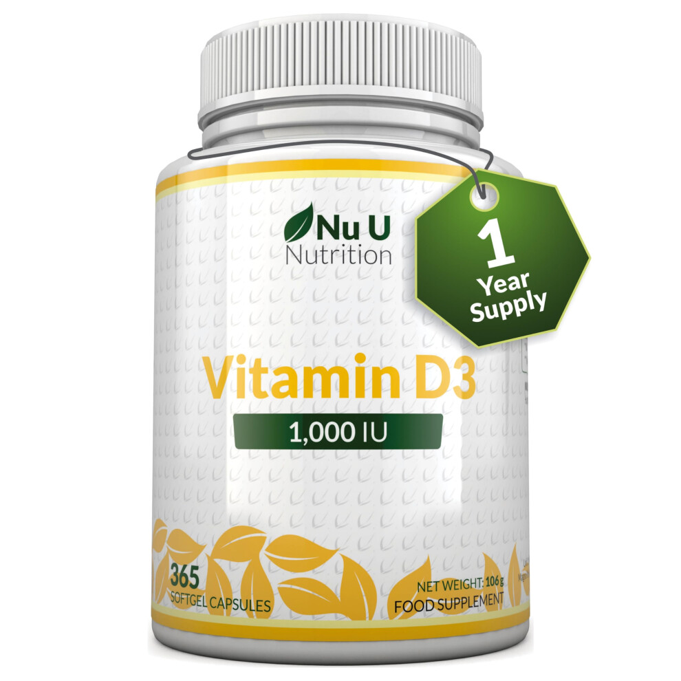 Vitamin D3 1000IU - 365 Softgels - 1 Year Supply - Vitamin D Supplement - High Absorption Cholecalciferol Vitamin D Capsules not Tablets - Nu U