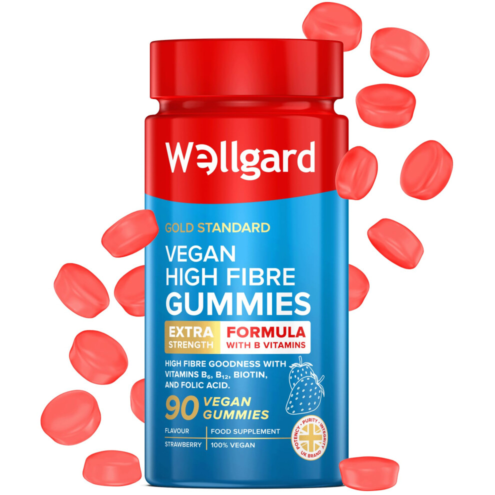 Wellgard Vegan High Fibre Gummies – High Strength Fibre Gummy Vitamins B₆, B₁₂, Biotin, And Folic Acid, Strawberry Flavour, Uk Formulated