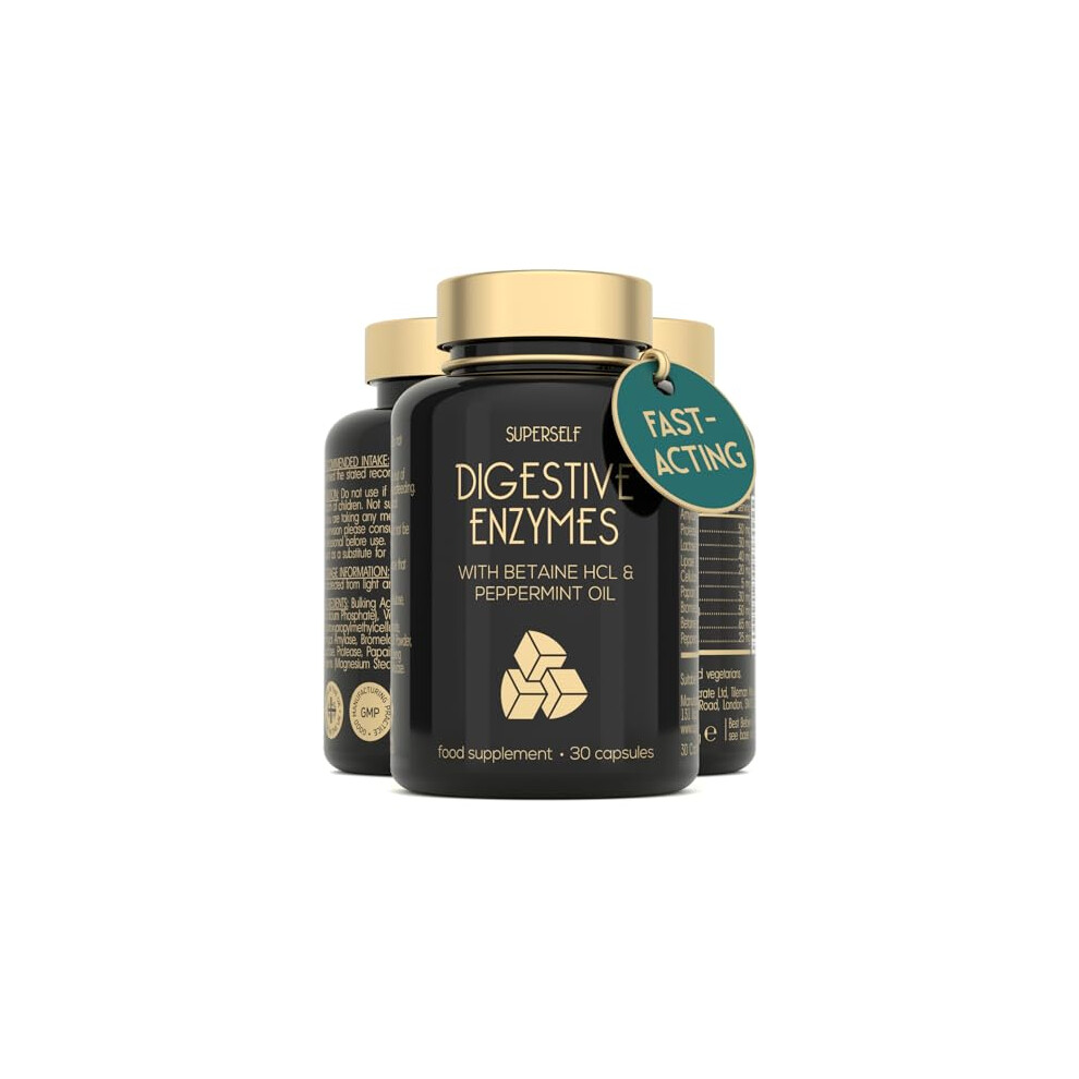 Superself Digestive Enzyme Supplements With Betaine Hcl - 7 Digestive Enzymes For Gut Health & Support With Lactase, Bromelain, Lipase & Peppermint Oil - 30