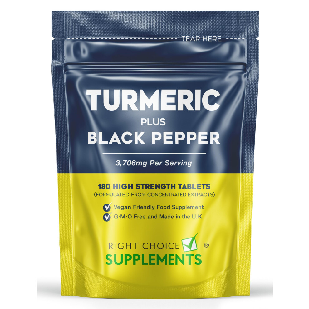 Turmeric Tablets 3200mg with Black Pepper | 180 High Strength Curcumin Supplements | Turmeric and Black Pepper Tablets (Not Turmeric Capsules or