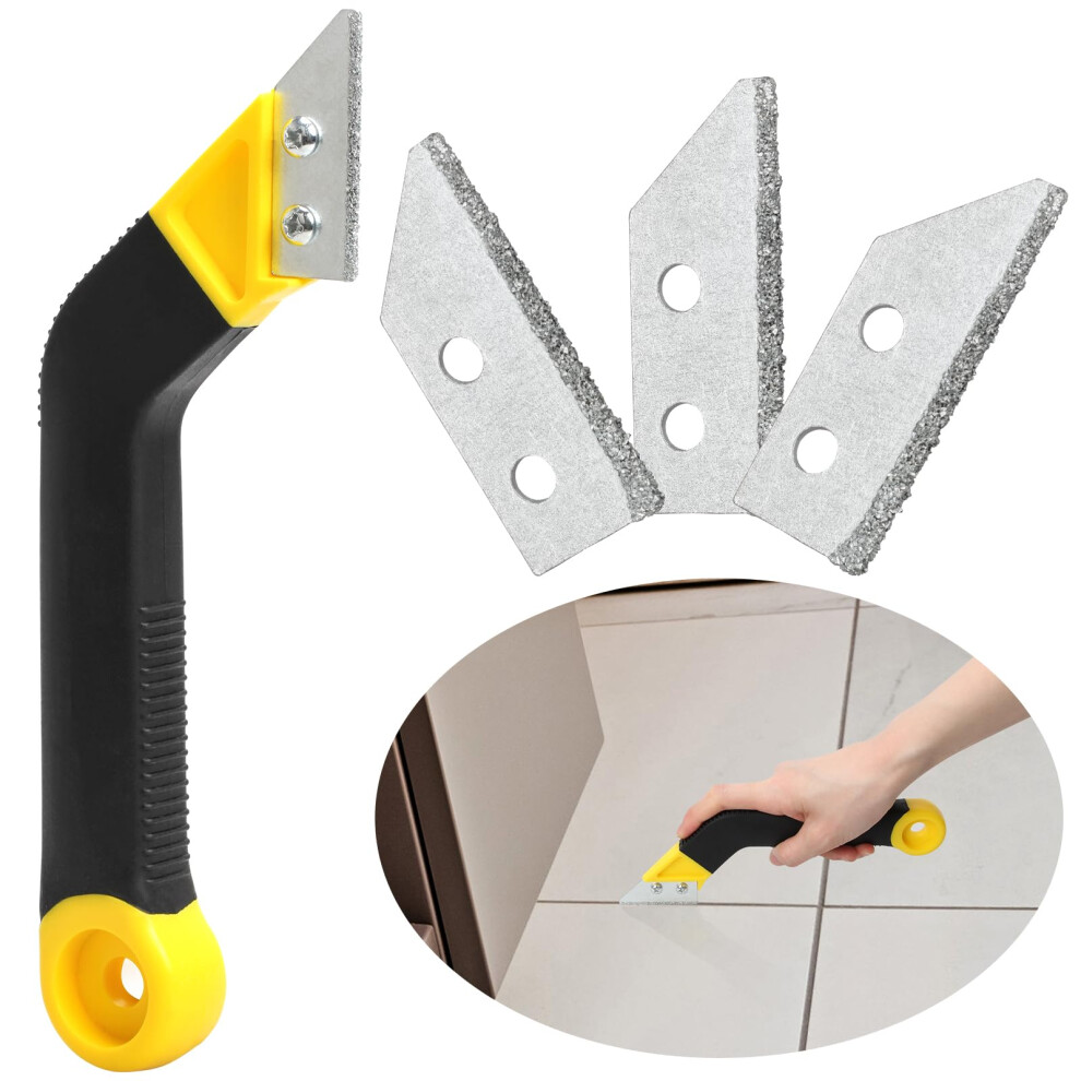 Grout Remover Tile Grout Saw Angled Grout Scraping Rake Tool with 3 Pieces Extra Replacement Accessories for Tile Cleaning