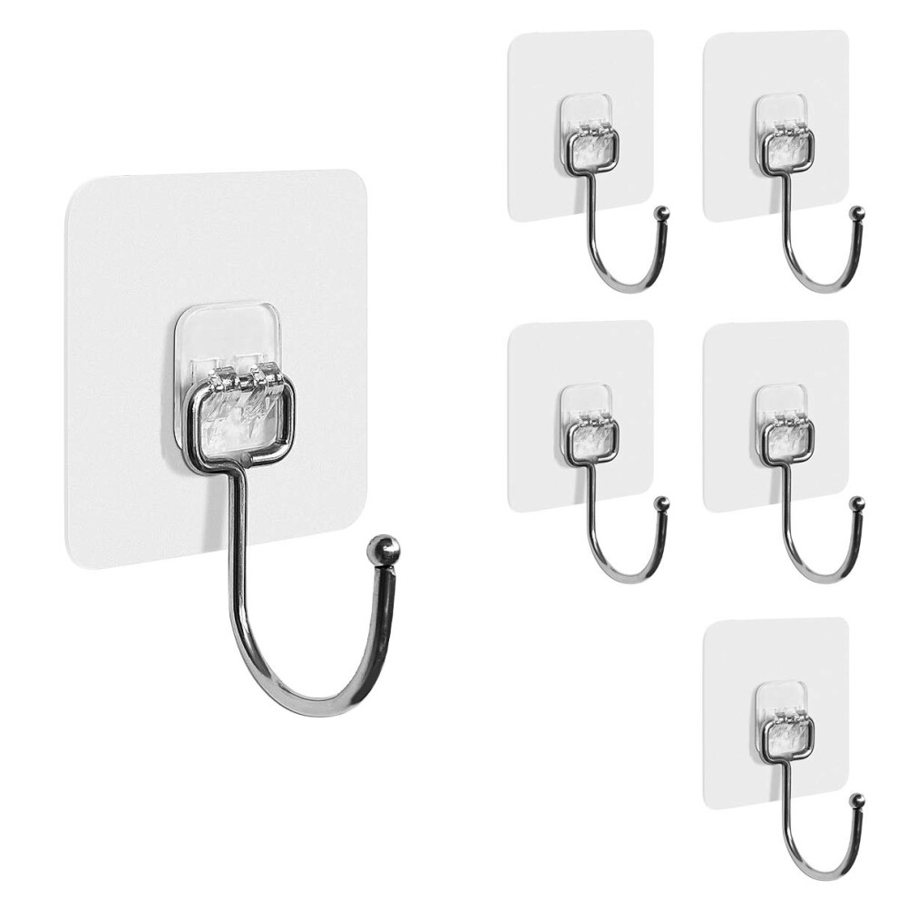 Adhesive Hooks Heavy Duty Wall Hooks 20kg (Max) Self Adhesive Hooks,Strong Clear Stick on Hooks Free Nail for Kitchen,Home and Office,6Pack