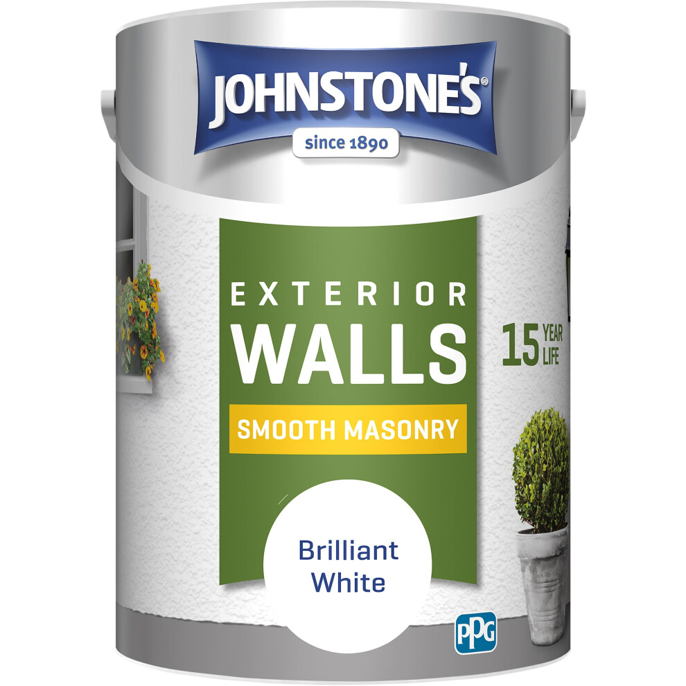 Johnstone's, Exterior Smooth Masonry Paint, Brilliant White, Up to 15 Years Protection, Weather & Dirt Resistant, 60mÂ² Coverage Per Tin, Dry in 1-2