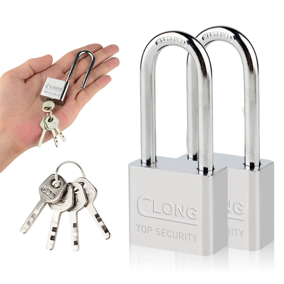2 Pack Heavy Duty Steel Long Shackle Padlocks, Outdoor Waterproof Steel Safe Padlock with 4 Keys for Shed, Warehouse, Fence, Office, Garage, Garden,