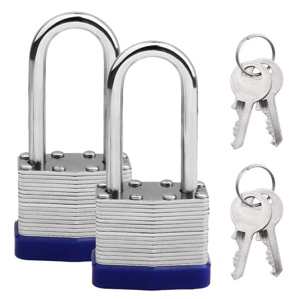 2 Pack Pad Lock, Long Shackle Heavy Duty Padlock With Key, Weatherproof Laminated Padlock For Outdoor Use, Shed, Garage, Fence 728886749843