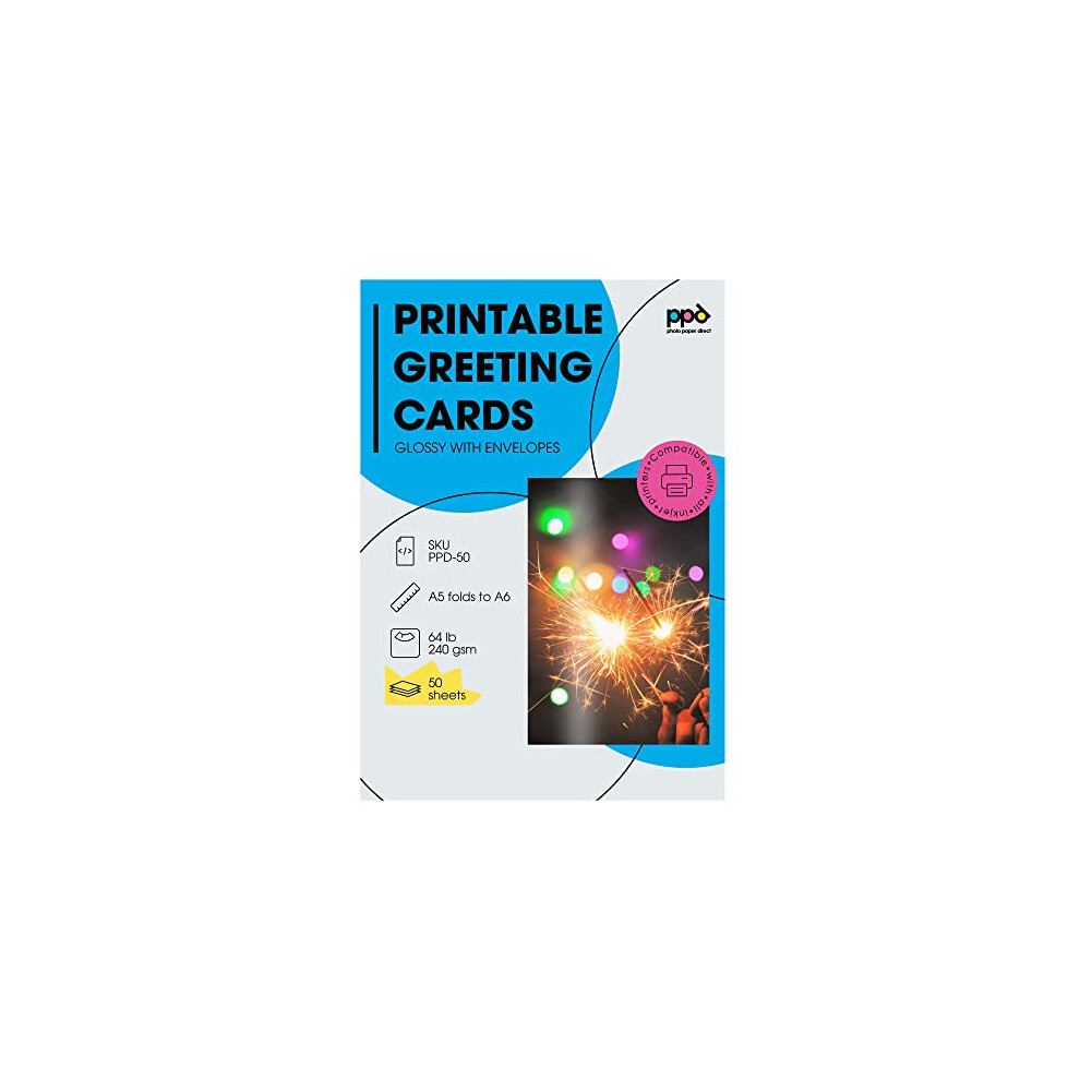 Ppd 50 Inkjet Printable Greeting Cards A5 260Gsm Gloss Inc Envelopes -50-Env-50