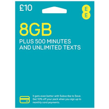 EE SIM Card UK PAYG 10 Bundle - 8GB + Unltd Texts & 500 Mins + International Calling Option - (Love2surf RETAIL PACK)