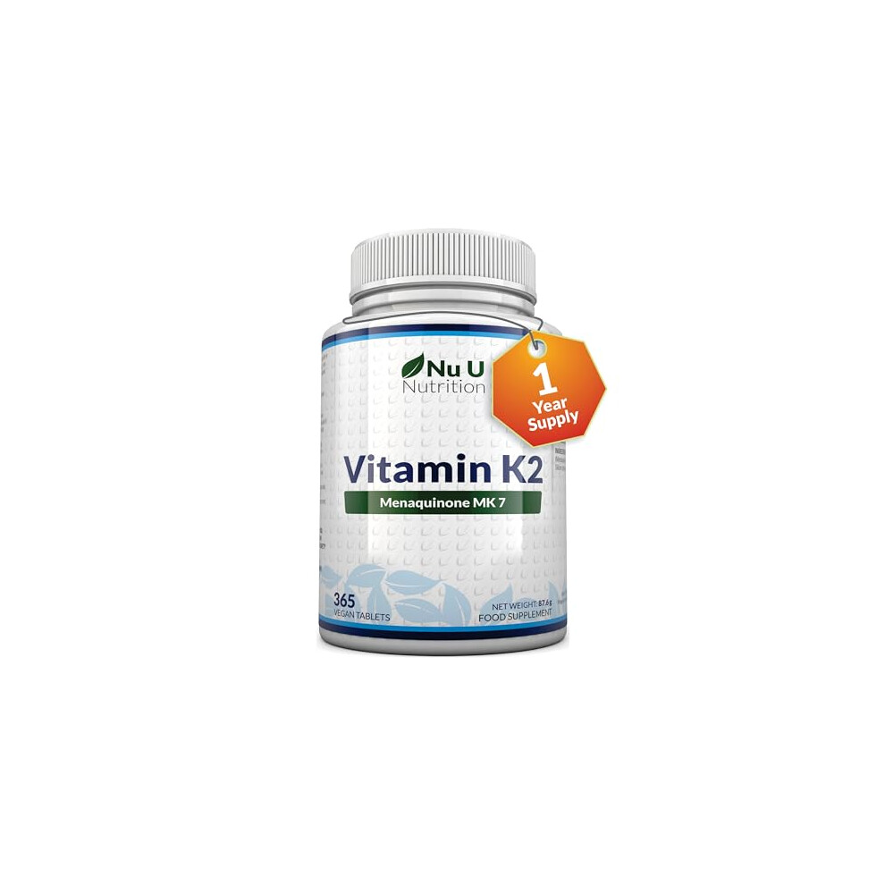 Nu U Nutrition Vitamin K2 Mk 7 200Mcg - 365 Vegetarian And Vegan Tablets (Not Capsules) - One Year Supply Of High Strength Vitamin K2 Menaquinone Mk7 From