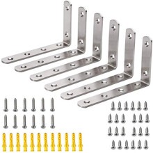 6 Pack Heavy Duty Right Angle Bracket Stainless Steel L Shaped Corner Brace Joint Wall Shelf Support, 125mm75mm, Screws Included