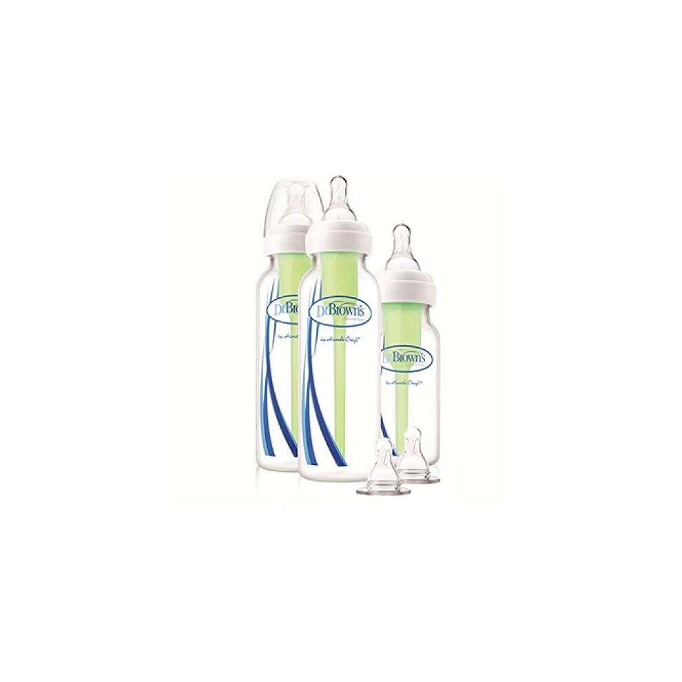 Dr. Brown's Natural Flow Anti-Colic Options+ Narrow Baby Bottle, Starter Kit, 1x 4oz/120ml Bottle & 2X 8oz/250ml Bottles with Level 1 Slow Flow Teat