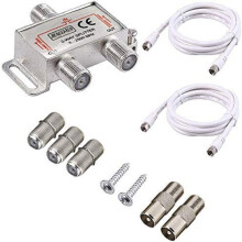 2 Way Satellite Splitter TV Aerial Splitter F Type Splitter 5-2500MHz with 2 * 1.5m Coax Cable F Plugs, for Sky Box Telewest Eurovox Starview Dreambox
