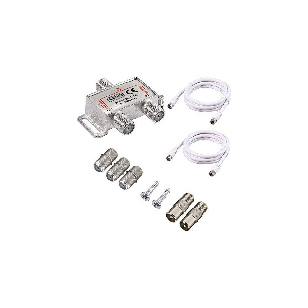 2 Way Satellite Splitter Tv Aerial Splitter F Type Splitter 5-2500Mhz With 2 * 1.5M Coax Cable F Plugs, For Sky Box Telewest Eurovox Starview Dreambox 8414768390853