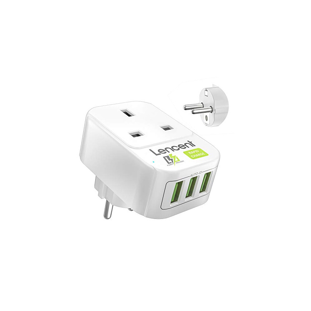 UK to European Travel Adapter with 3 USB Ports, Grounded EU Euro Europe Plug Adapter for Germany Spain France Portugal Greece Russia Netherlands