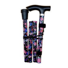 Life Healthcare L602R-BK Folding Walking Stick for Women Adjustable 84-94 cm Black Floral Pattern Left/Right-Handed Non-Slip Rubber Tip Wrist Strap