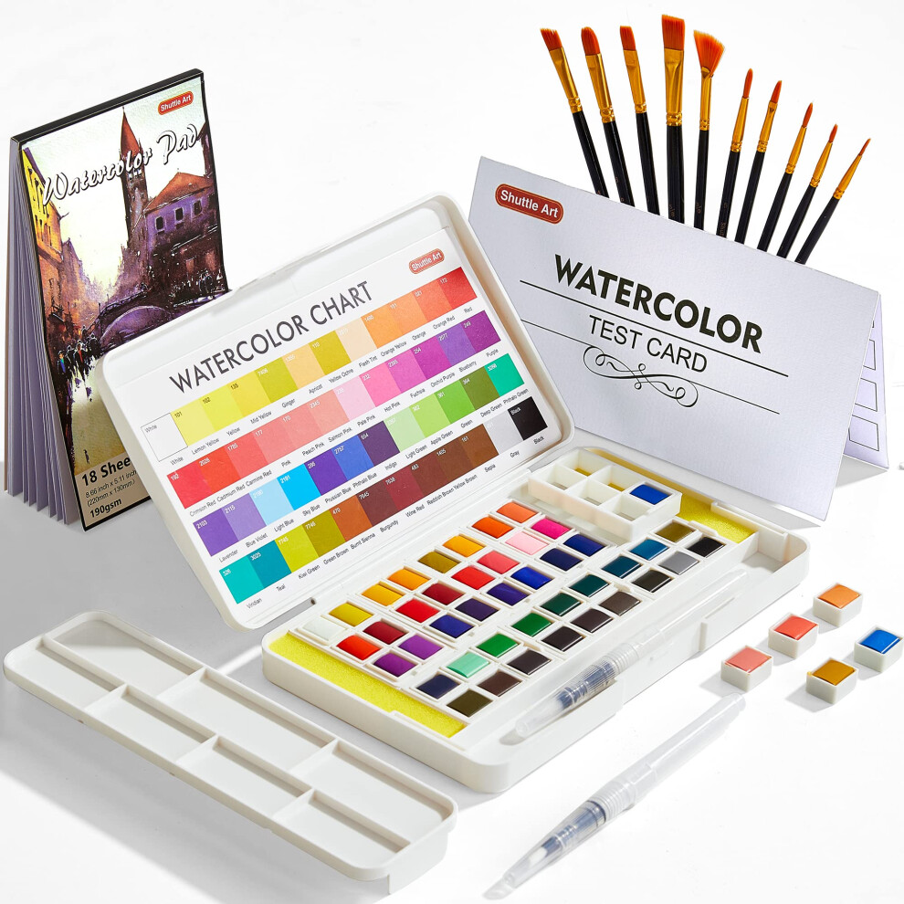 Watercolour Paint Set, 48 colours Watercolour Paint in Half Pan, 2 Water Brush Pens, 10 Brushes, 1 Pad, 1 Palette, 2 colour Charts, Watercolour Kit