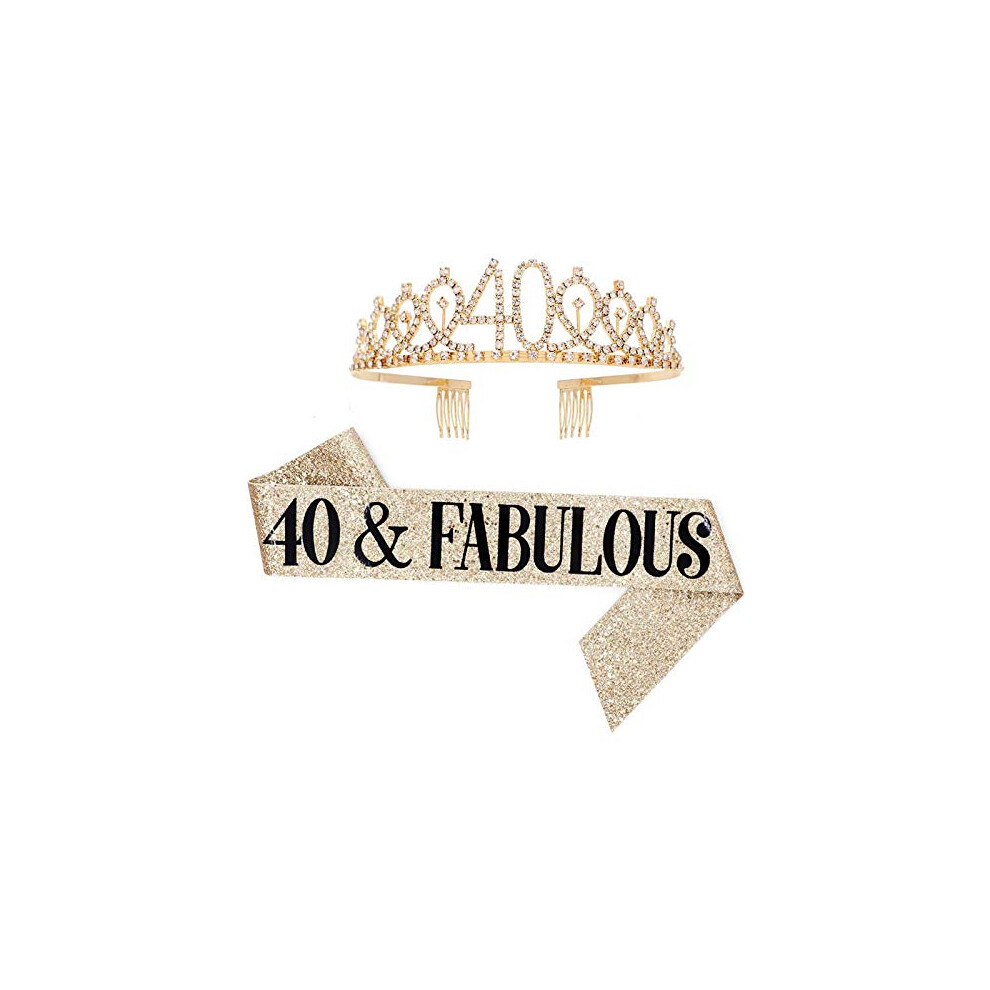 40 and Fabulous Sash & Rhinestone Tiara Set - 40th Birthday Gifts Birthday Sash for Women Birthday Party Supplies (Gold)