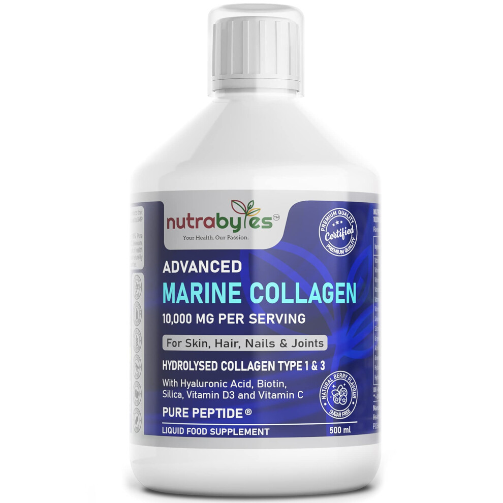 Photos - Vitamins & Minerals Marine Collagen Liquid 10000mg Sugar Free, Hydrolysed Peptides | Hyaluronic Acid, Biotin, Silica, Vitamin C, Vitamin D3 | He