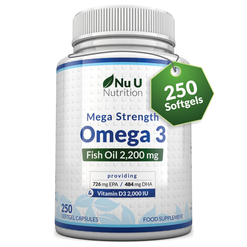 Omega 3 Fish Oil 2200mg & Vitamin D3 2000IU - 250 Capsules Over 4 Month Supply - 720mg EPA & 480mg DHA per Serving High Strength 1100mg Fish Oil per