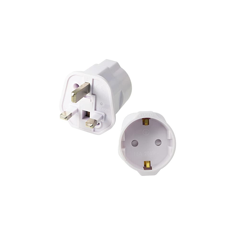 EU to UK Plug Adapter w/Fused, 2-Pin Plug Adaptor to 3-Pin 13A Fused 250V Grounded Travel Adapter Continental Type C E F To Type G - White, 2 Pack