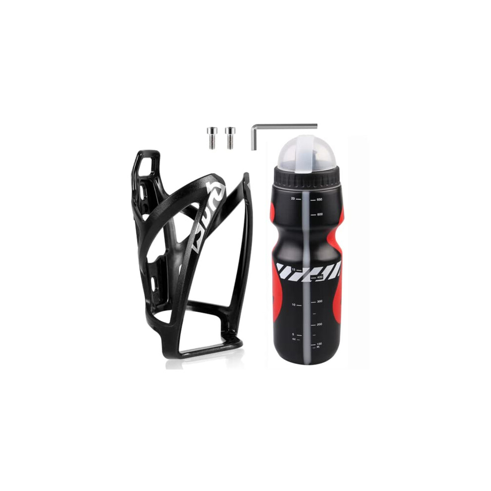 Bike Water Bottle Cage and Bottle Set, Lightweight Bike Water Bottle Holder with 650ML Sports Bottle with Scale and Dust Cap BPA-Free Water Bottle