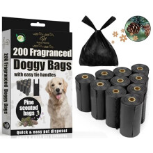 Haya Home 200 Pine Scented Eco Tie Handles Large Dog Poo Bags on roll Leak and Tear Resistance Extra Strong Doggy Poo Poop Bags Environmentally