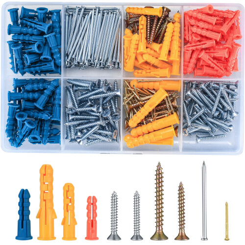 360 Pcs Assorted Plasterboard Screws Nails and Wall Plugs Assortment, Chipboard Fish Type Wall Plug Plasterboard Fixings, Flat Head Self Tapping