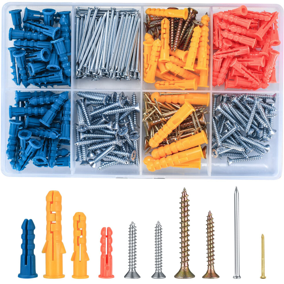 360 Pcs Assorted Plasterboard Screws Nails and Wall Plugs Assortment, Chipboard Fish Type Wall Plug Plasterboard Fixings, Flat Head Self Tapping