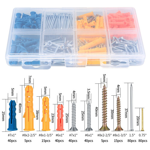 360 Pcs Assorted Plasterboard Screws Nails and Wall Plugs Assortment, Chipboard Fish Type Wall Plug Plasterboard Fixings, Flat Head Self Tapping 1