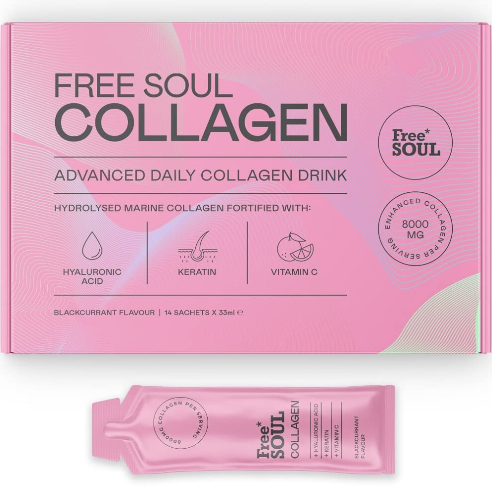 Free Soul Marine Collagen Liquid 8000Mg With Hyaluronic Acid, Keratin, & Vitamin C | 14 X 8000Mg Hydrolysed Collagen Peptides Sachets | Higher Absorption Than