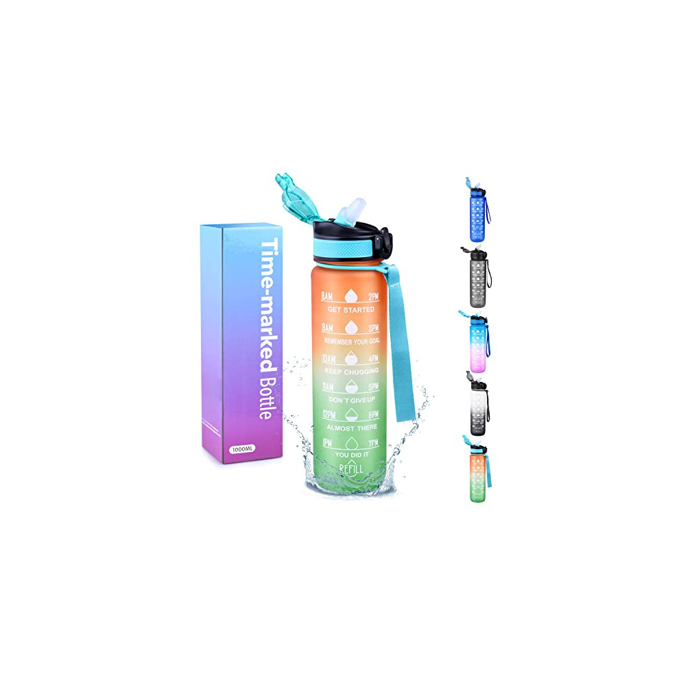 Sports Water Bottle 1L with Straw, BPA Free Tritan Non-Toxic Plastic, Leakproof & Flip Lid Ideal for Sports, Gym, Fitness, Outdoor, Cycling, School &