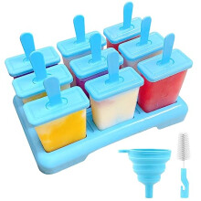 Ice Lolly Moulds with Sticks, 9 Cavities Popsicle Mould, Food Grade BPA-Free Ice Pop Moulds, DIY Ideas Ice Lolly Moulds with Cleaning Brush, A Funnel