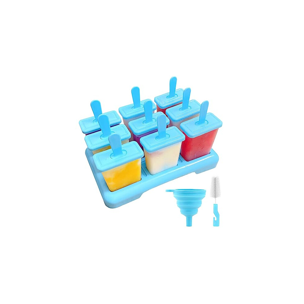 Ice Lolly Moulds with Sticks, 9 Cavities Popsicle Mould, Food Grade BPA-Free Ice Pop Moulds, DIY Ideas Ice Lolly Moulds with Cleaning Brush, A Funnel