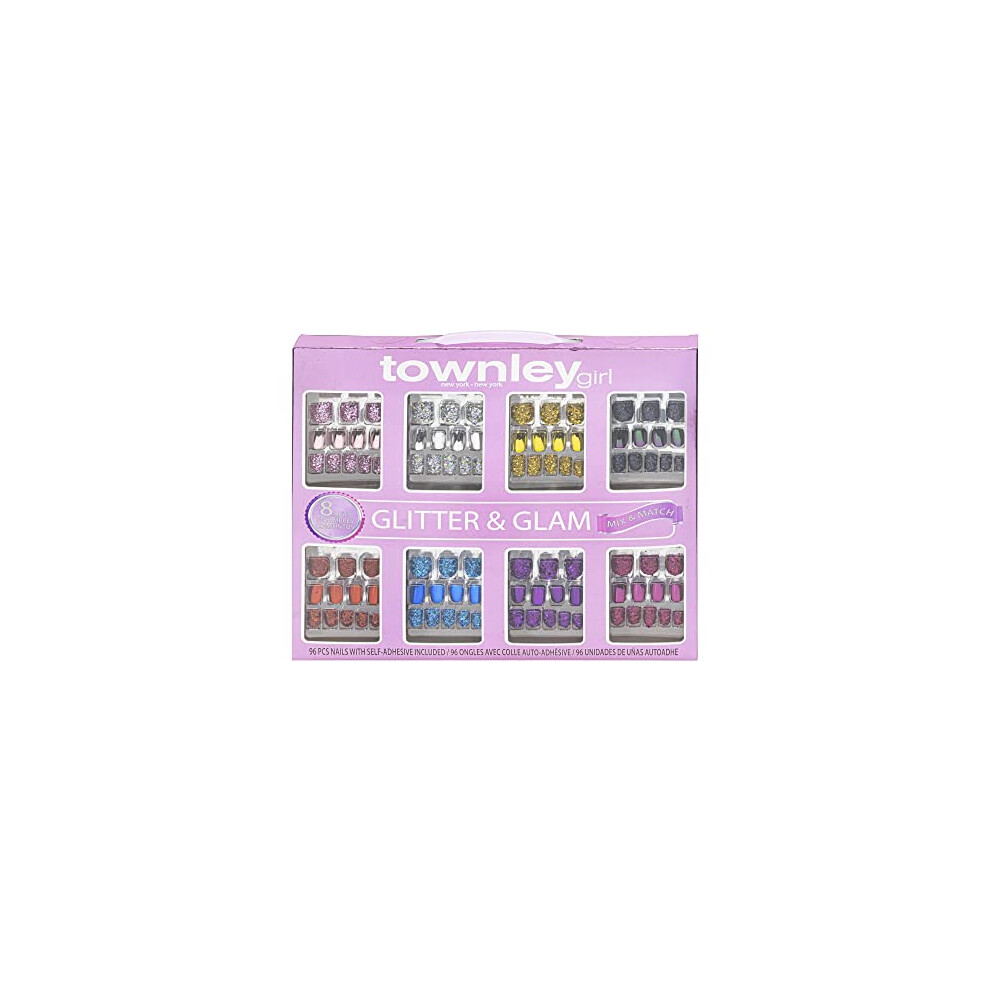 96 Pcs Glitter-Glamup & Metallic Press-On Nails Artificial Fake False Nails Set for Kids with Pre-Glue Full Cover Acrylic Nail Tip Kit, Great for