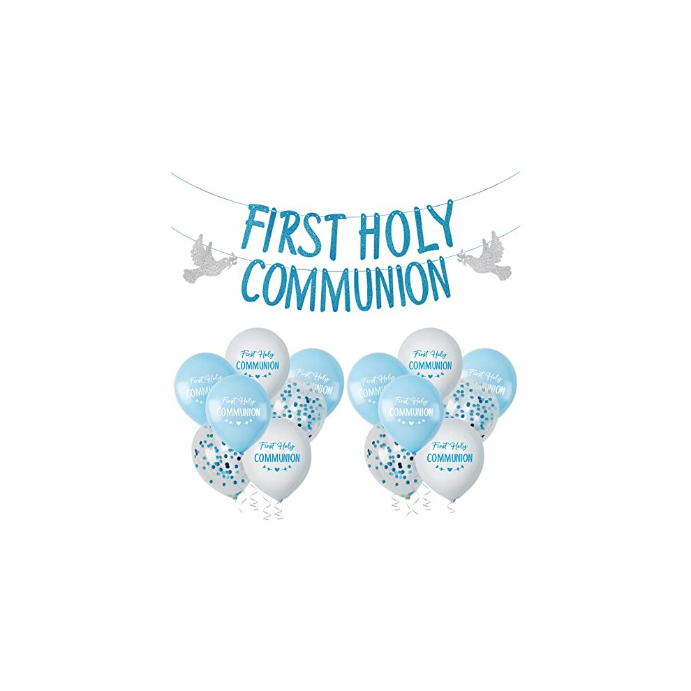 First Holy Communion Decorations for Boys Blue 16pcs First Holy Communion Balloons and First Holy Communion Banner (Blue)