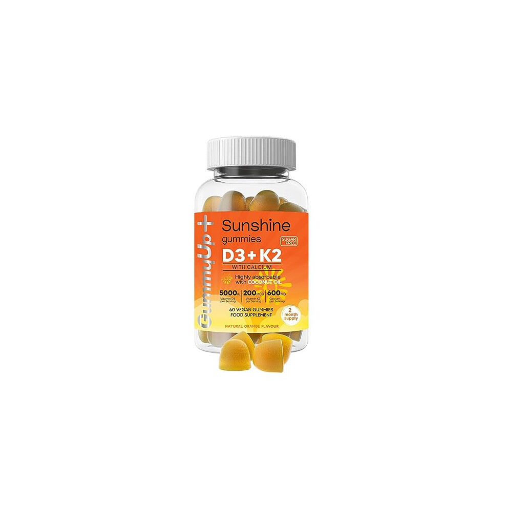 Vitamin d Gummies with K2 and Calcium, High Strength Sugar Free Sunshine Gummies, 2 Months Supply, Natural Orange Flavoured Vegetarian Gummies